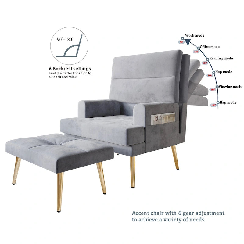 Modern Velvet Accent Armchair with Gold Legs and Side Storage