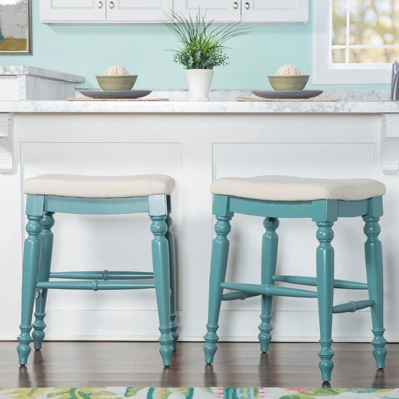 Traditional Upholstered Backless Counter Stool with Turned Legs and Footrest