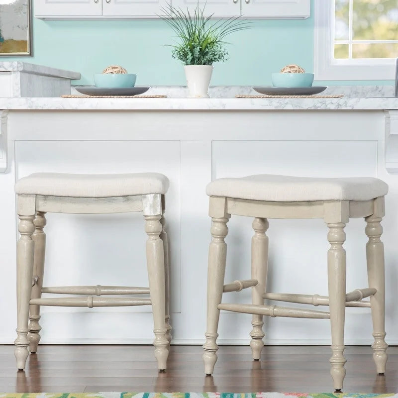 Traditional Upholstered Backless Counter Stool with Turned Legs and Footrest