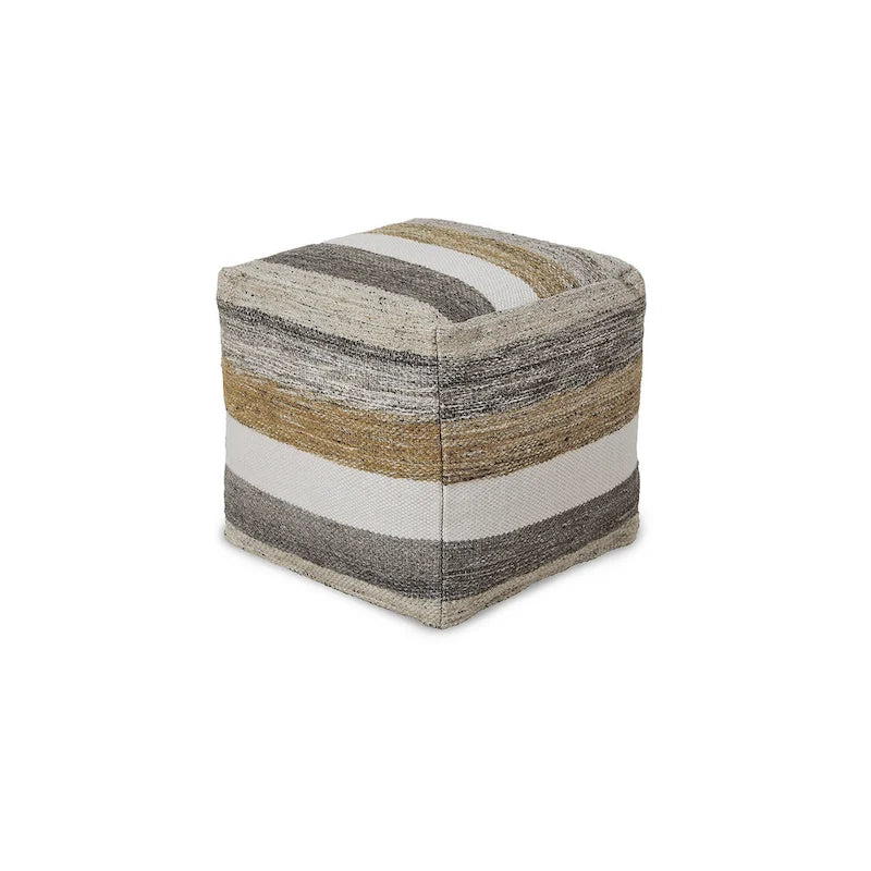 Pouf quadrato a righe multicolore dai toni naturali con rivestimento tessuto dalla texture materica