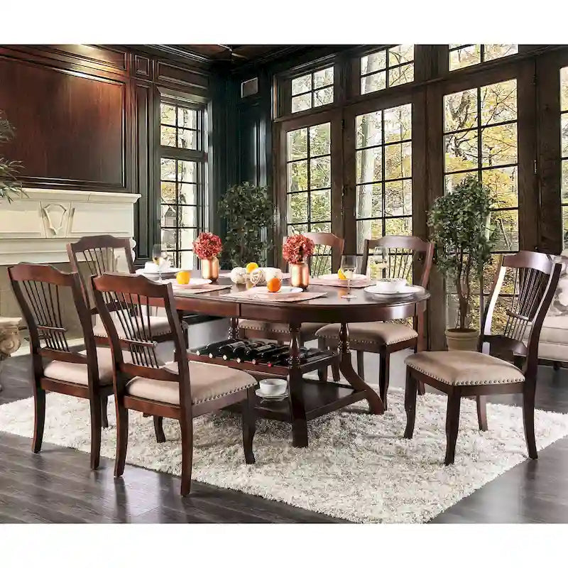 Brown Cherry Oval Wood Dining Table with Wine Rack Storage