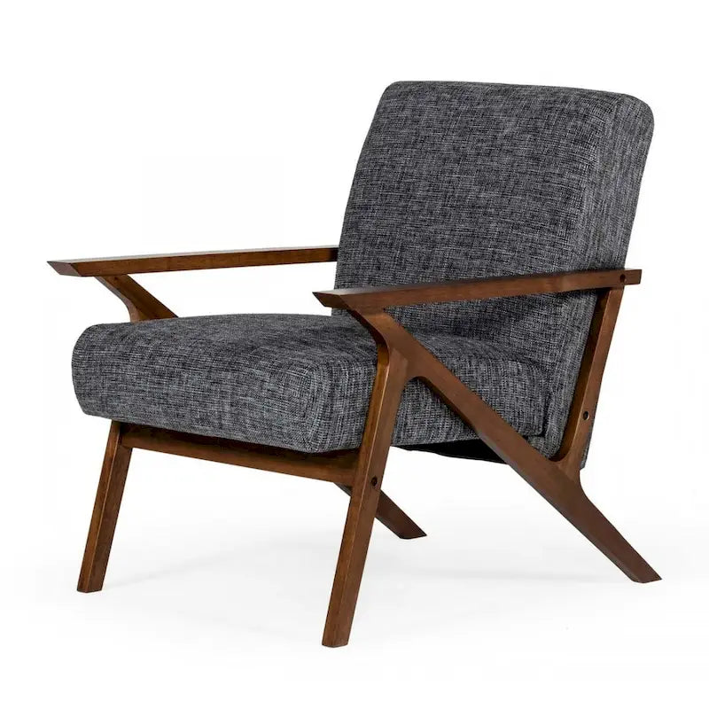 Szare tapicerowane krzesło akcentowe w stylu mid-century z drewnianą ramą w wykończeniu orzechowym