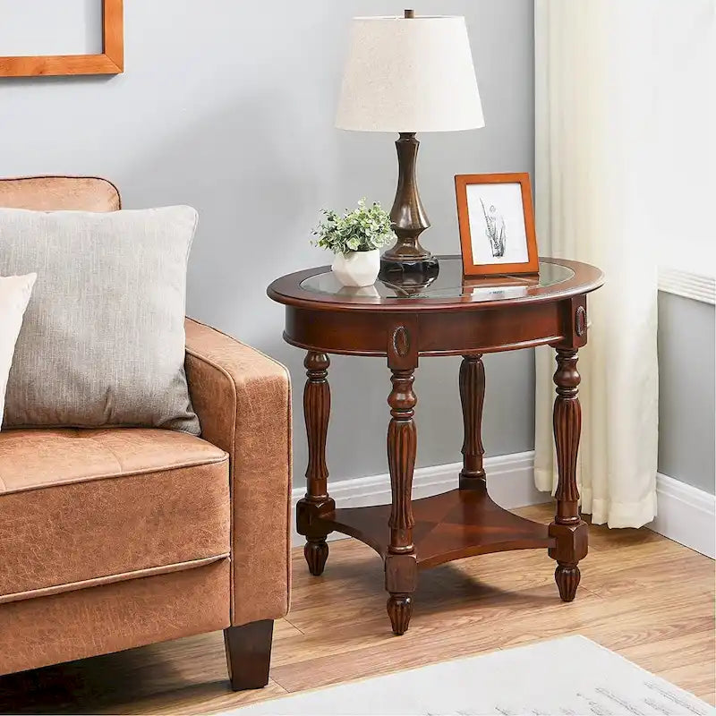 Oval Solid Wood Side Table with Tempered Glass Top and Lower Shelf