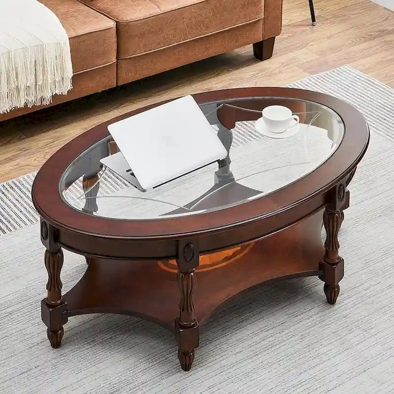 Oval Solid Wood Side Table with Tempered Glass Top and Lower Shelf