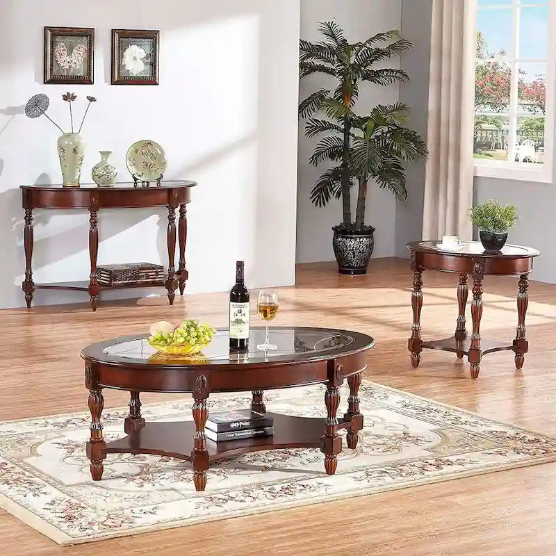 Oval Solid Wood Side Table with Tempered Glass Top and Lower Shelf