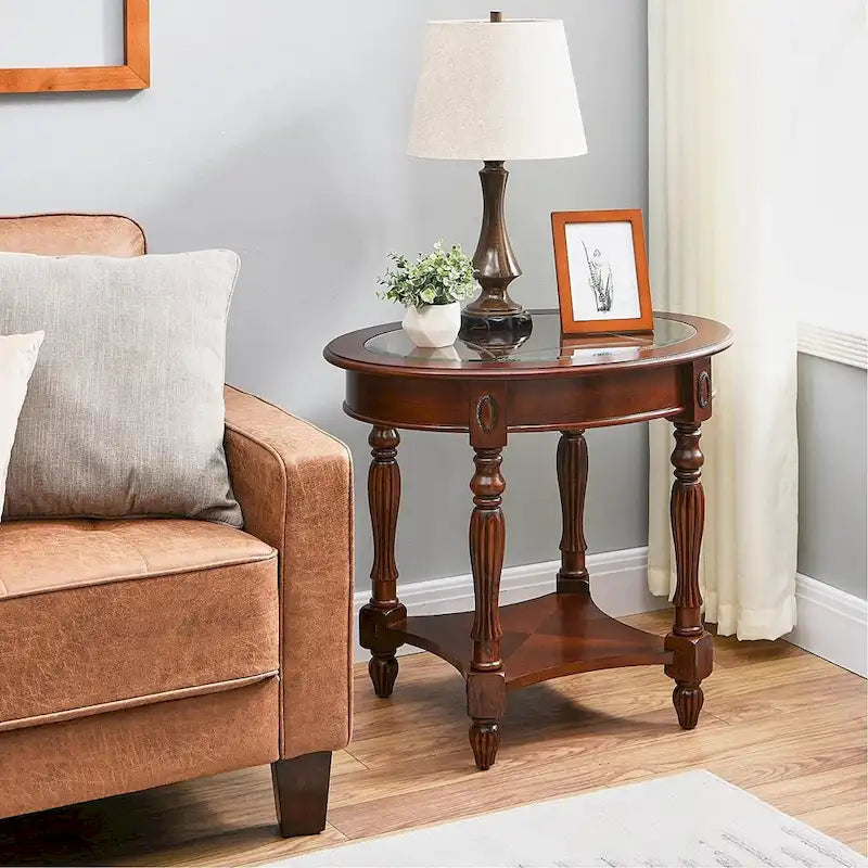 Oval Solid Wood Side Table with Tempered Glass Top and Lower Shelf