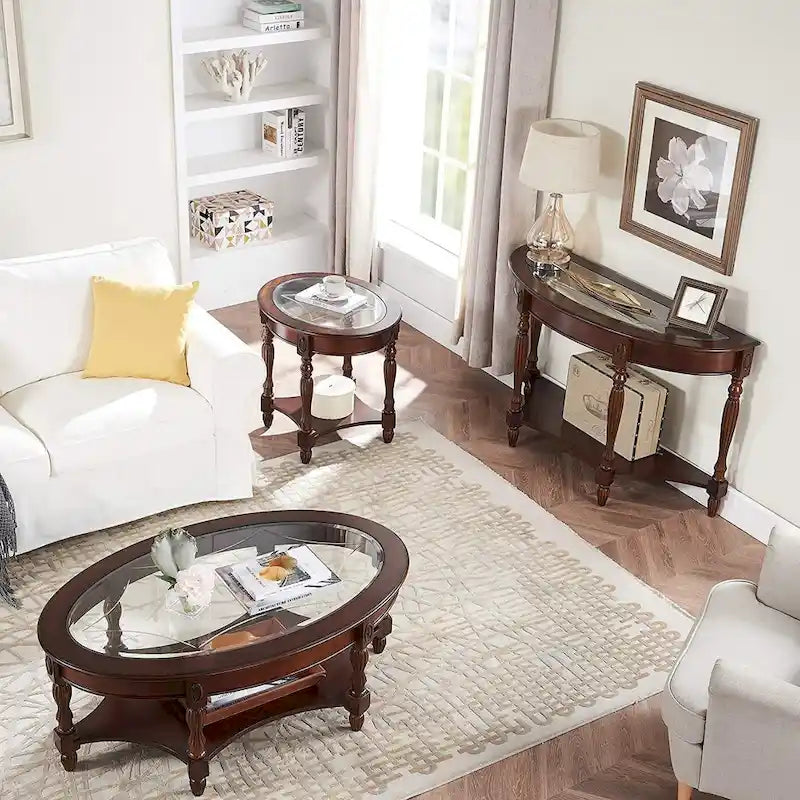 Oval Solid Wood Side Table with Tempered Glass Top and Lower Shelf