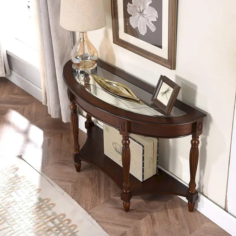 Oval Solid Wood Side Table with Tempered Glass Top and Lower Shelf