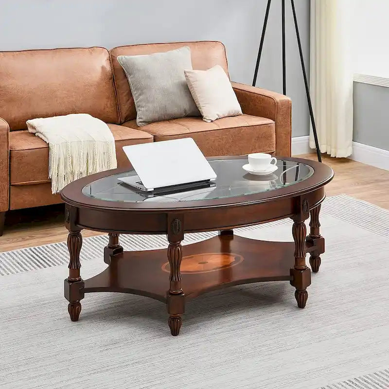 Oval Solid Wood Side Table with Tempered Glass Top and Lower Shelf