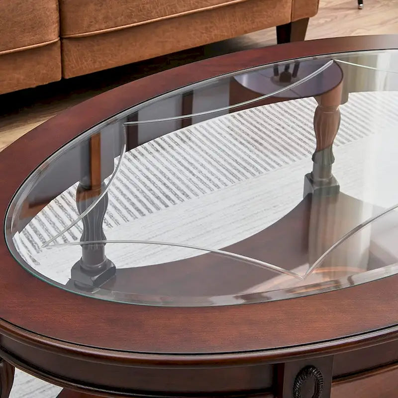 Oval Solid Wood Side Table with Tempered Glass Top and Lower Shelf