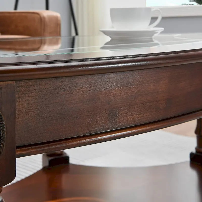 Oval Solid Wood Side Table with Tempered Glass Top and Lower Shelf