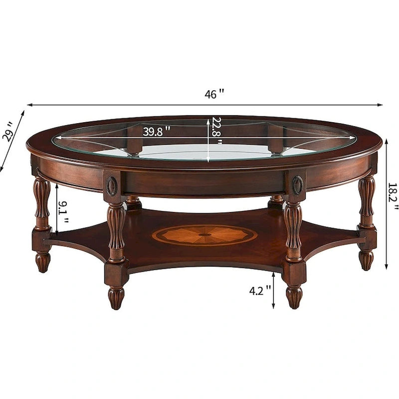 Oval Solid Wood Side Table with Tempered Glass Top and Lower Shelf