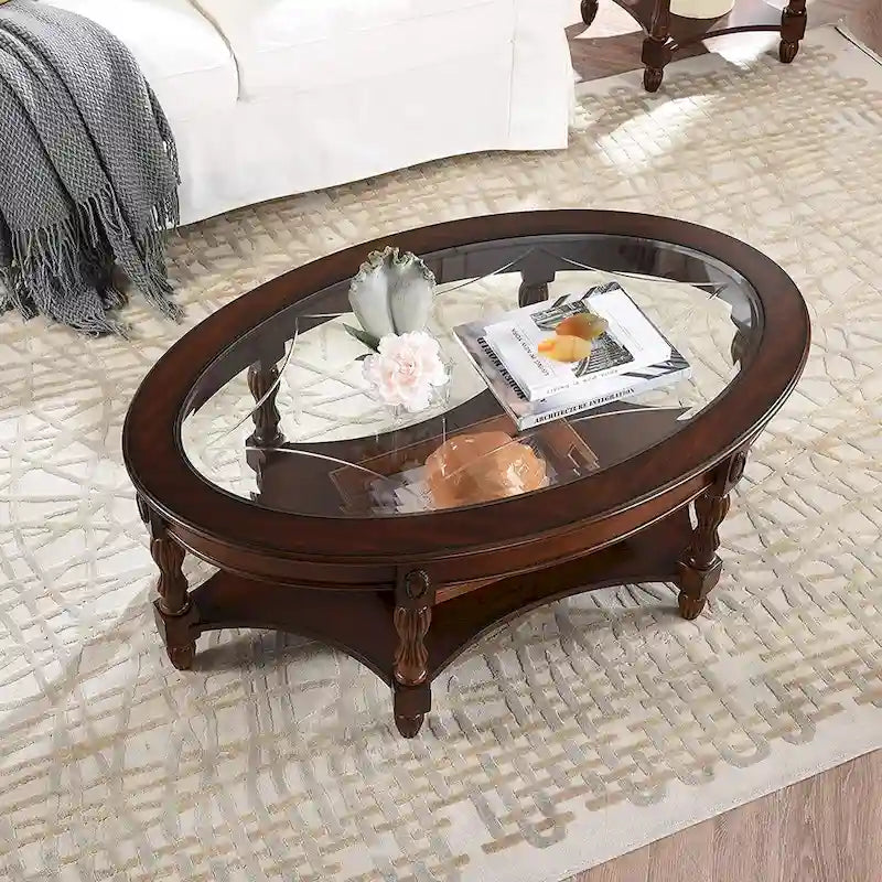 Oval Solid Wood Side Table with Tempered Glass Top and Lower Shelf