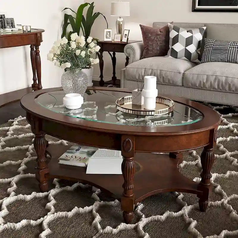 Oval Solid Wood Side Table with Tempered Glass Top and Lower Shelf