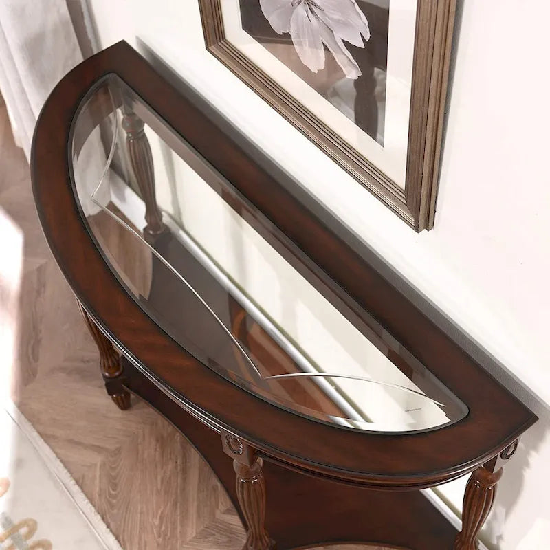 Oval Solid Wood Side Table with Tempered Glass Top and Lower Shelf