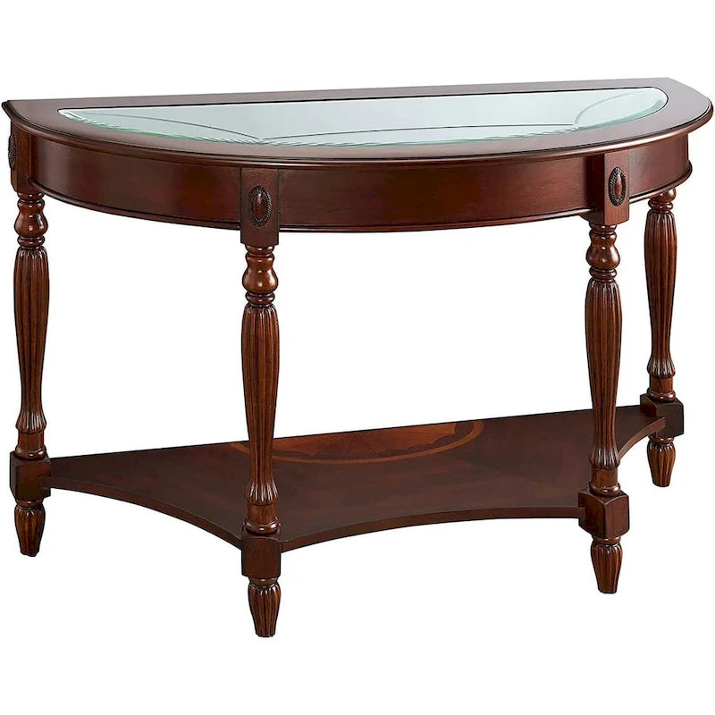 Oval Solid Wood Side Table with Tempered Glass Top and Lower Shelf