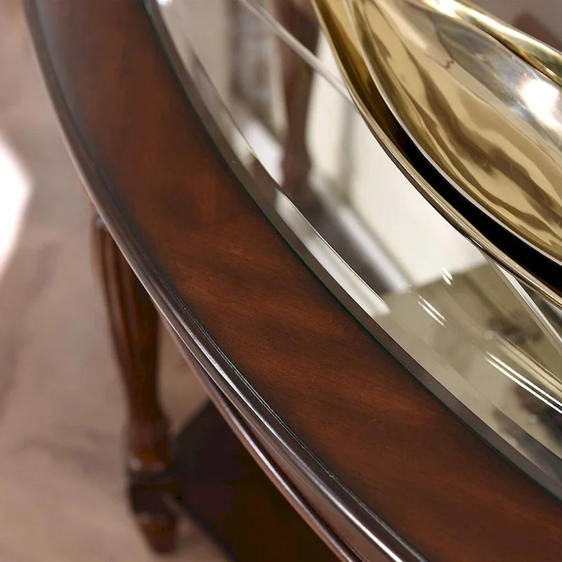 Oval Solid Wood Side Table with Tempered Glass Top and Lower Shelf