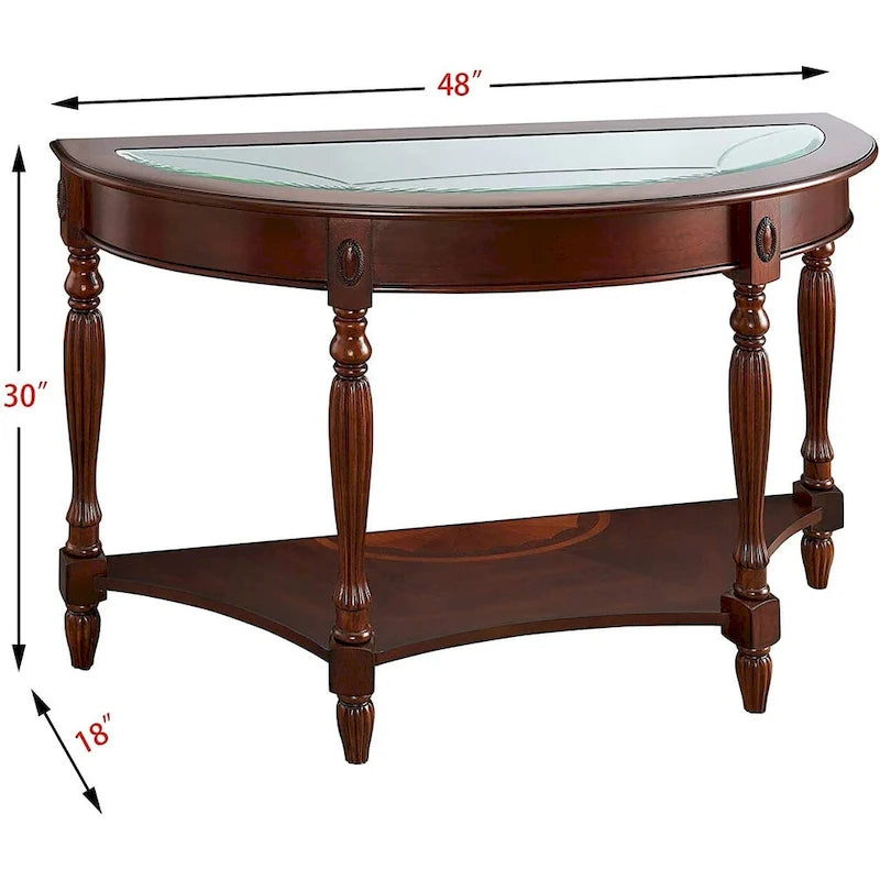 Oval Solid Wood Side Table with Tempered Glass Top and Lower Shelf