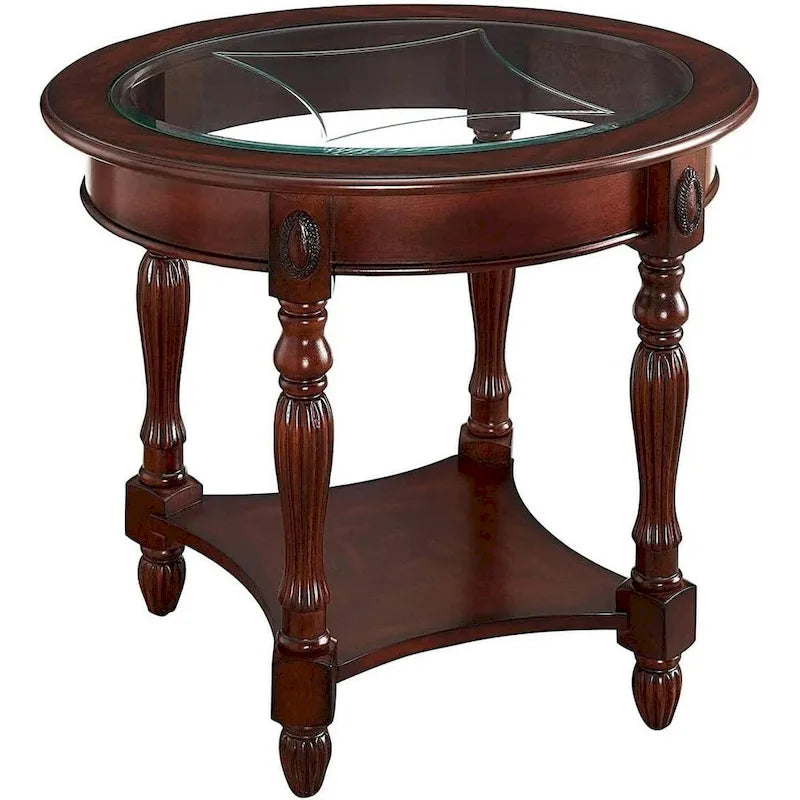 Oval Solid Wood Side Table with Tempered Glass Top and Lower Shelf