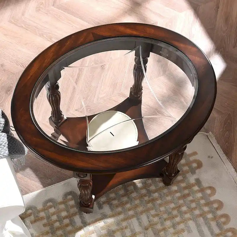 Oval Solid Wood Side Table with Tempered Glass Top and Lower Shelf