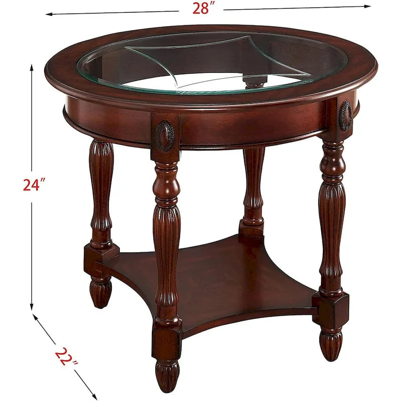 Oval Solid Wood Side Table with Tempered Glass Top and Lower Shelf