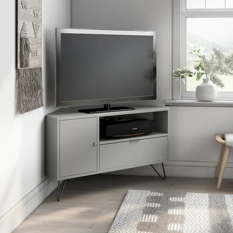 Grey Mid-Century Modern Corner TV Console with Open Storage Shelf