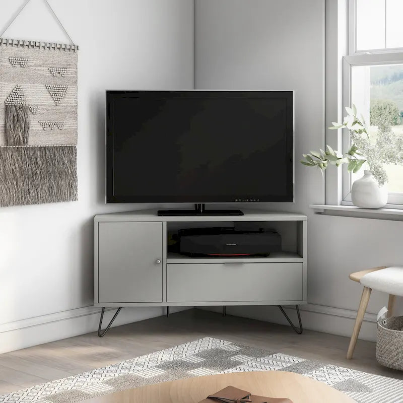 Grey Mid-Century Modern Corner TV Console with Open Storage Shelf