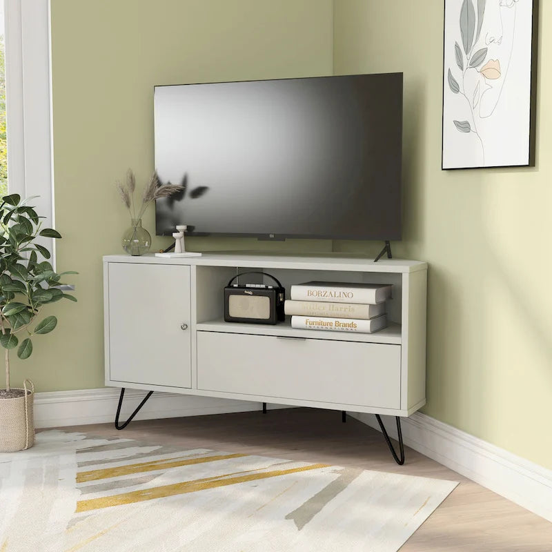 Grey Mid-Century Modern Corner TV Console with Open Storage Shelf
