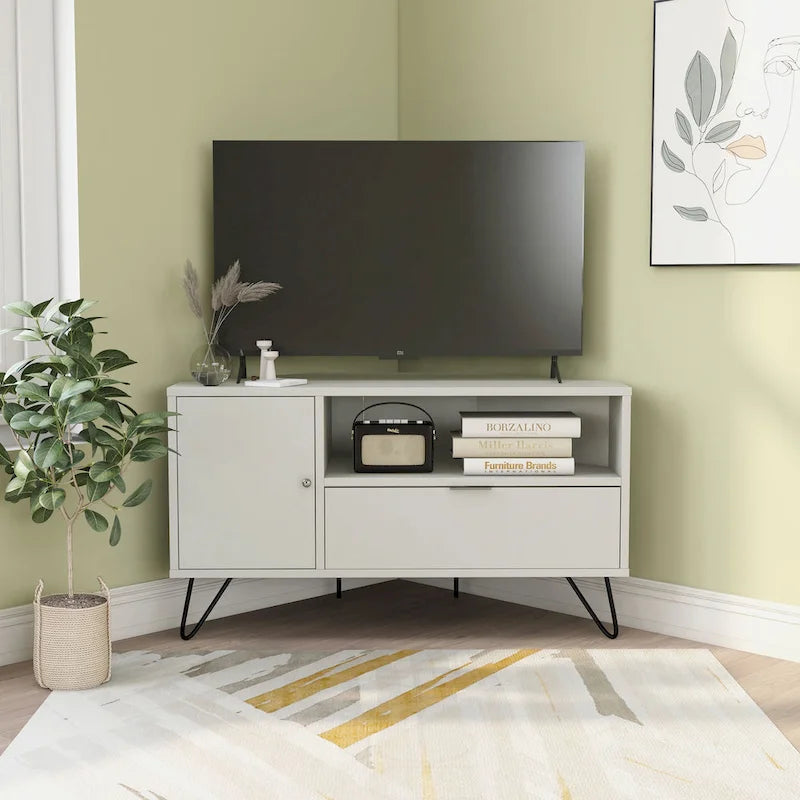 Grey Mid-Century Modern Corner TV Console with Open Storage Shelf