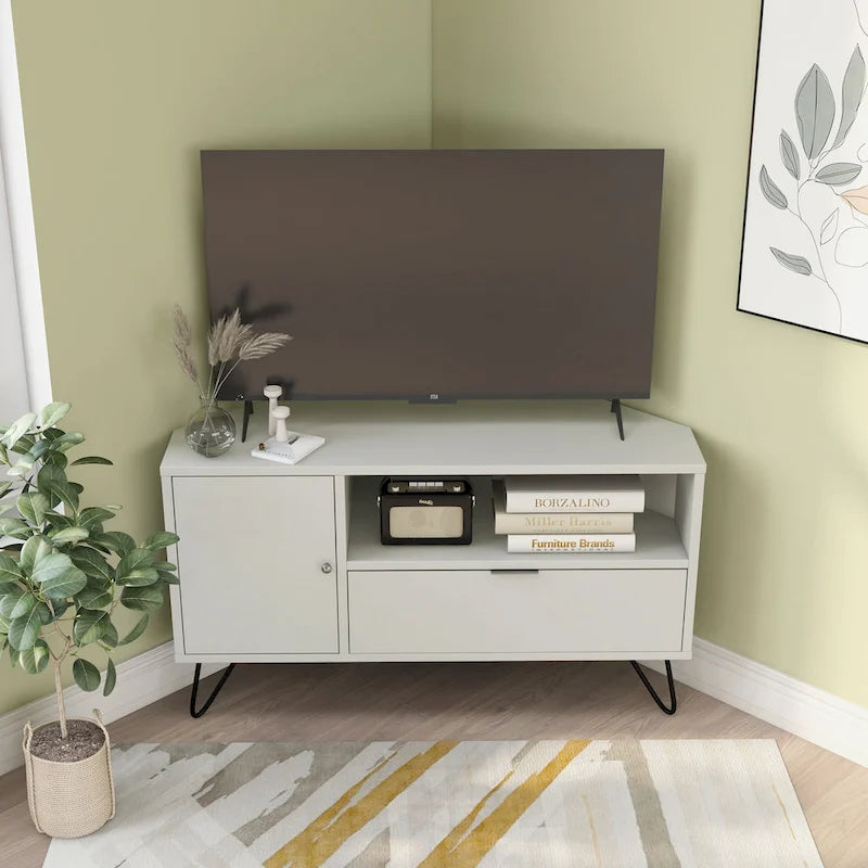 Grey Mid-Century Modern Corner TV Console with Open Storage Shelf