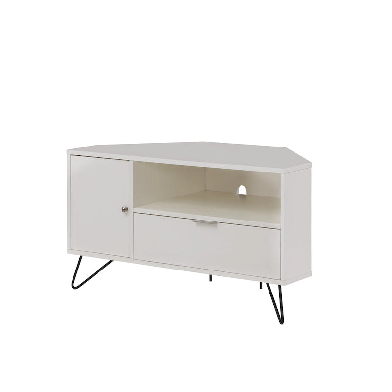 Grey Mid-Century Modern Corner TV Console with Open Storage Shelf