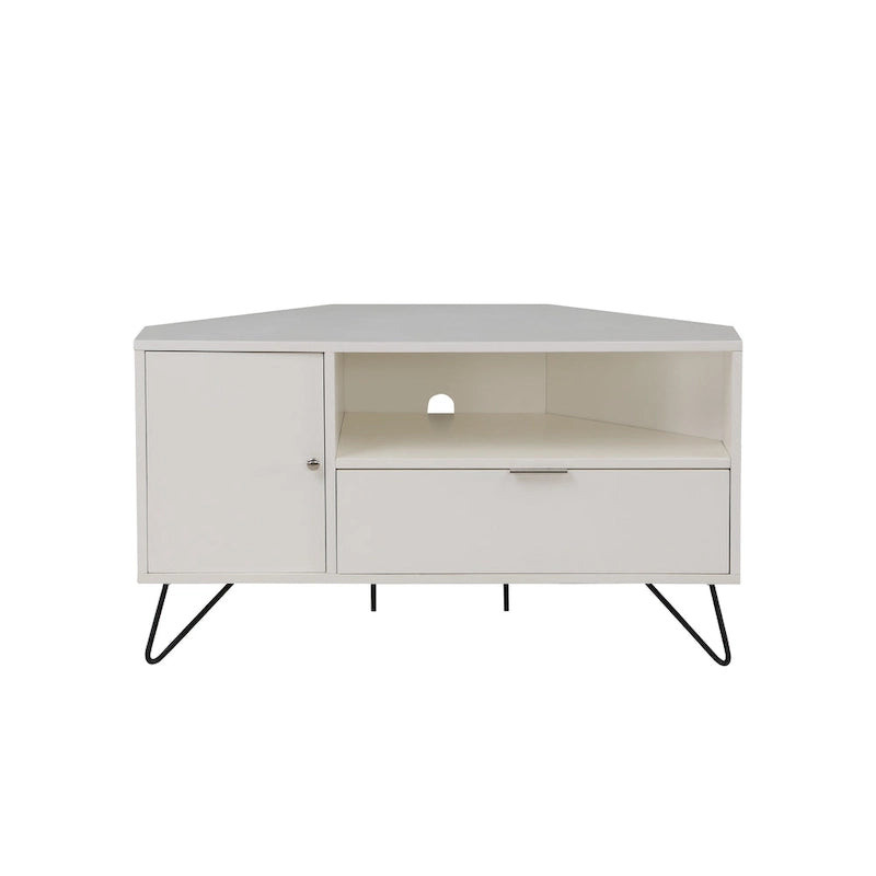 Grey Mid-Century Modern Corner TV Console with Open Storage Shelf
