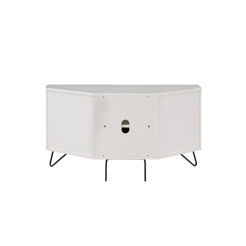 Grey Mid-Century Modern Corner TV Console with Open Storage Shelf