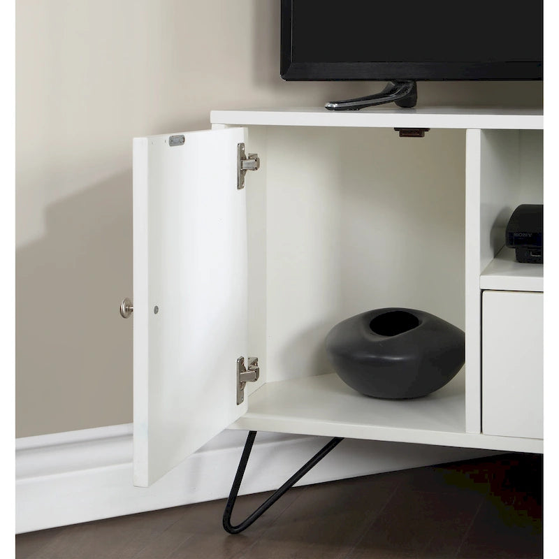 Grey Mid-Century Modern Corner TV Console with Open Storage Shelf