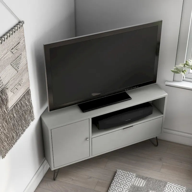 Grey Mid-Century Modern Corner TV Console with Open Storage Shelf