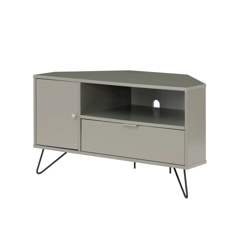 Grey Mid-Century Modern Corner TV Console with Open Storage Shelf
