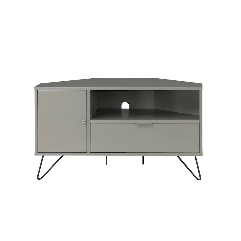 Grey Mid-Century Modern Corner TV Console with Open Storage Shelf