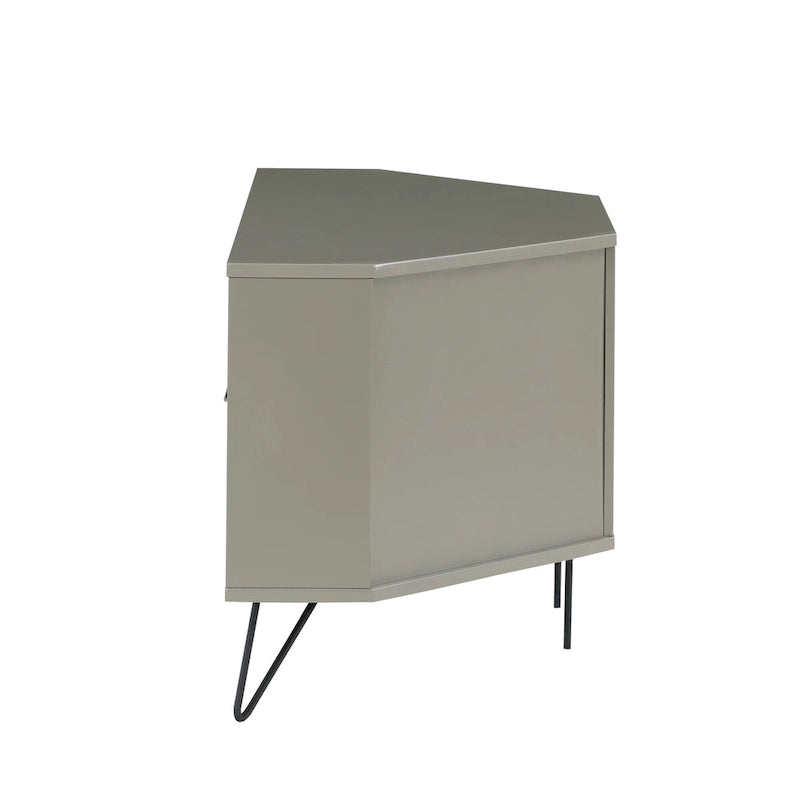 Grey Mid-Century Modern Corner TV Console with Open Storage Shelf