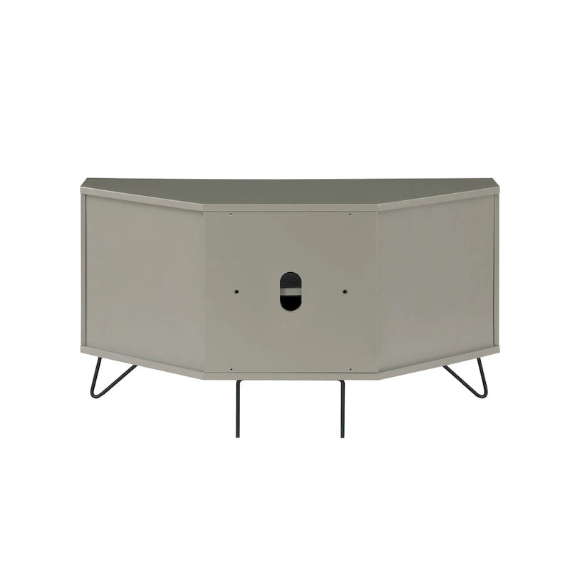 Grey Mid-Century Modern Corner TV Console with Open Storage Shelf