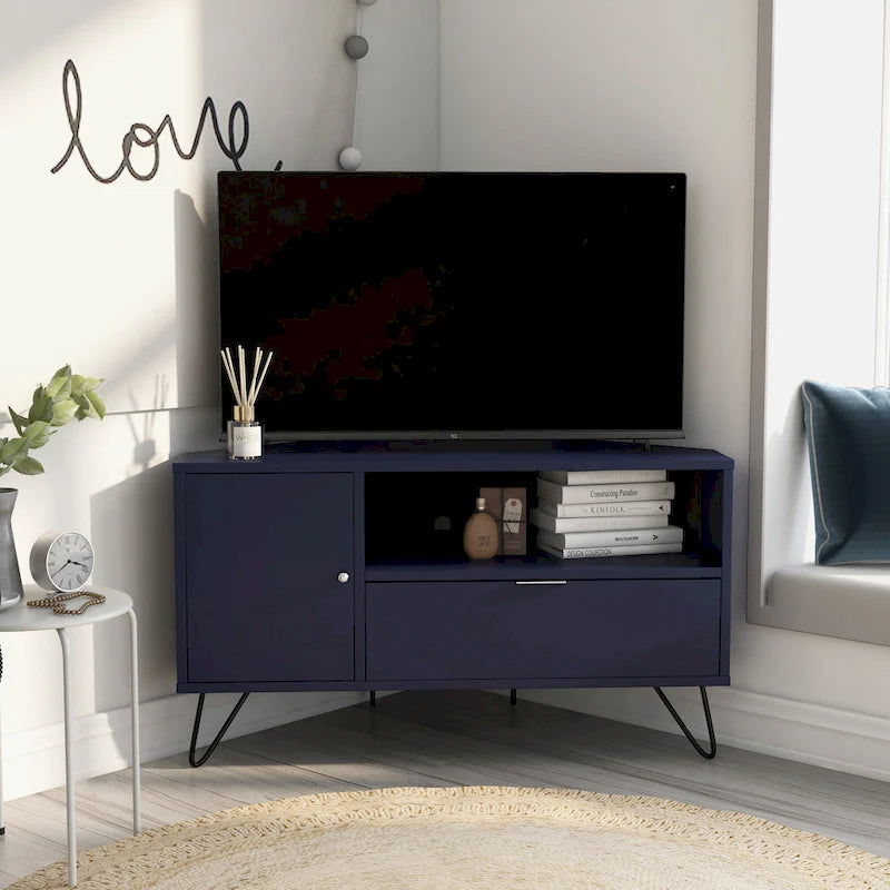 Grey Mid-Century Modern Corner TV Console with Open Storage Shelf