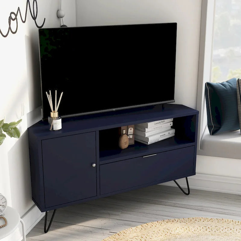 Grey Mid-Century Modern Corner TV Console with Open Storage Shelf