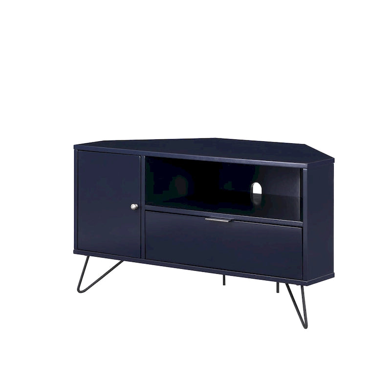 Grey Mid-Century Modern Corner TV Console with Open Storage Shelf