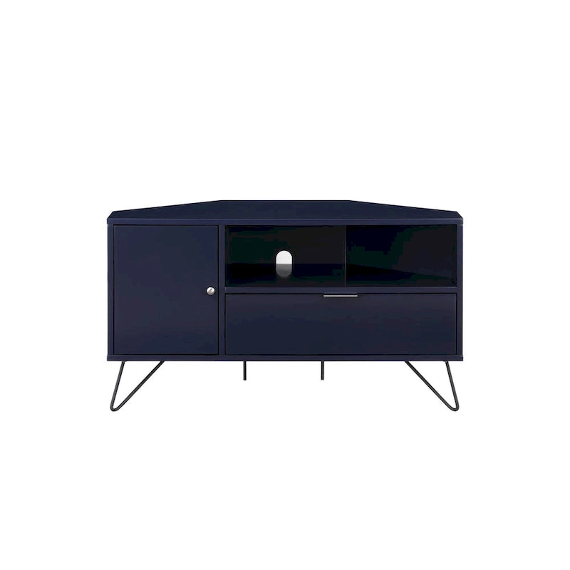 Grey Mid-Century Modern Corner TV Console with Open Storage Shelf