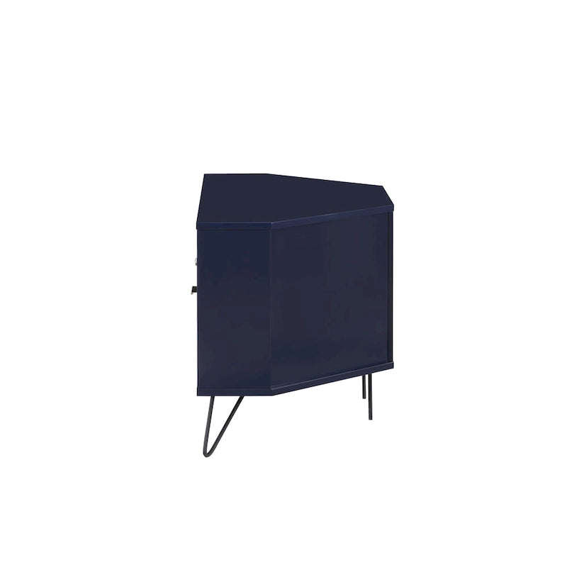 Grey Mid-Century Modern Corner TV Console with Open Storage Shelf
