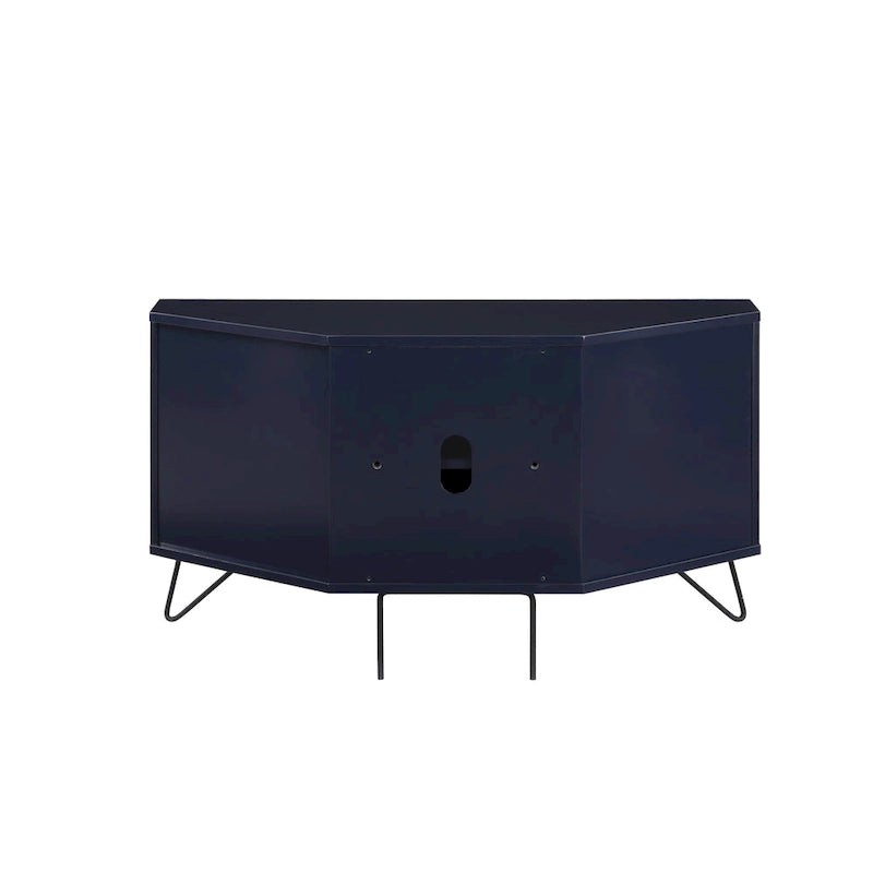 Grey Mid-Century Modern Corner TV Console with Open Storage Shelf