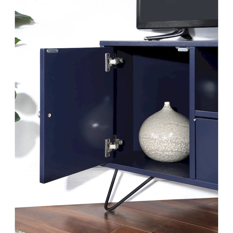 Grey Mid-Century Modern Corner TV Console with Open Storage Shelf