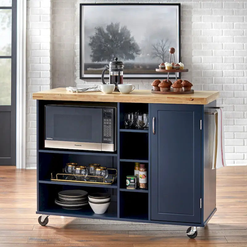 Rolling Kitchen Microwave Storage Cart with Rubberwood Top and Cabinet