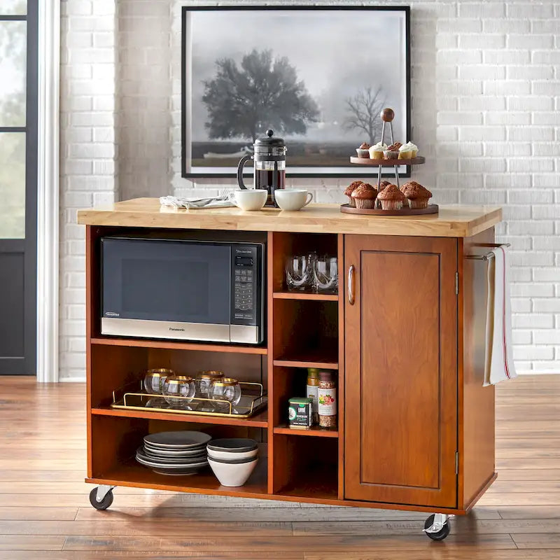 Rolling Kitchen Microwave Storage Cart with Rubberwood Top and Cabinet