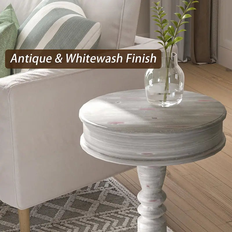 Rustic Whitewashed Round Pedestal Accent Side Table with Sculpted Base
