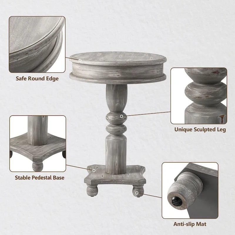 Rustic Whitewashed Round Pedestal Accent Side Table with Sculpted Base